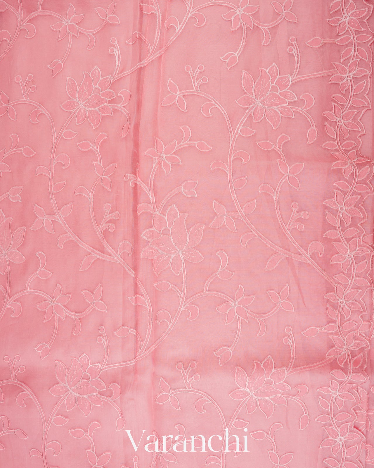 Blush Pink Floral Applique Pure Kora Silk Saree