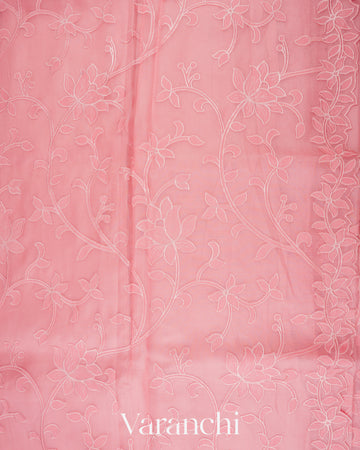 Blush Pink Floral Applique Pure Kora Silk Saree
