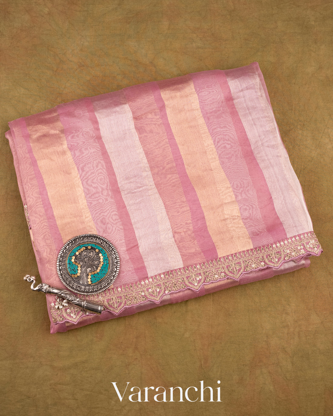 Lavender Tissue Striped Pure Kora Silk Saree