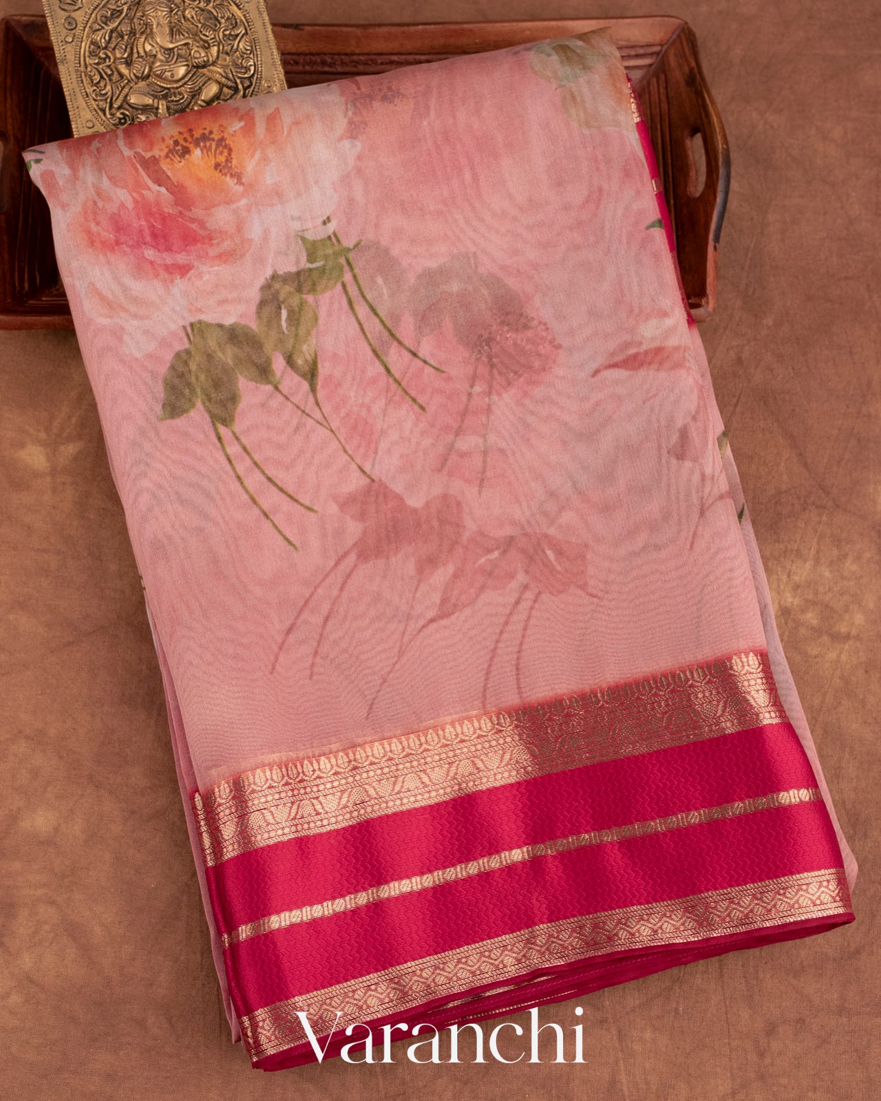 Baby Pink Floral Printed Pure Kora Silk Saree