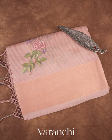 Baby Pink Floral Applique and Embroidered Pure Kora Silk Saree