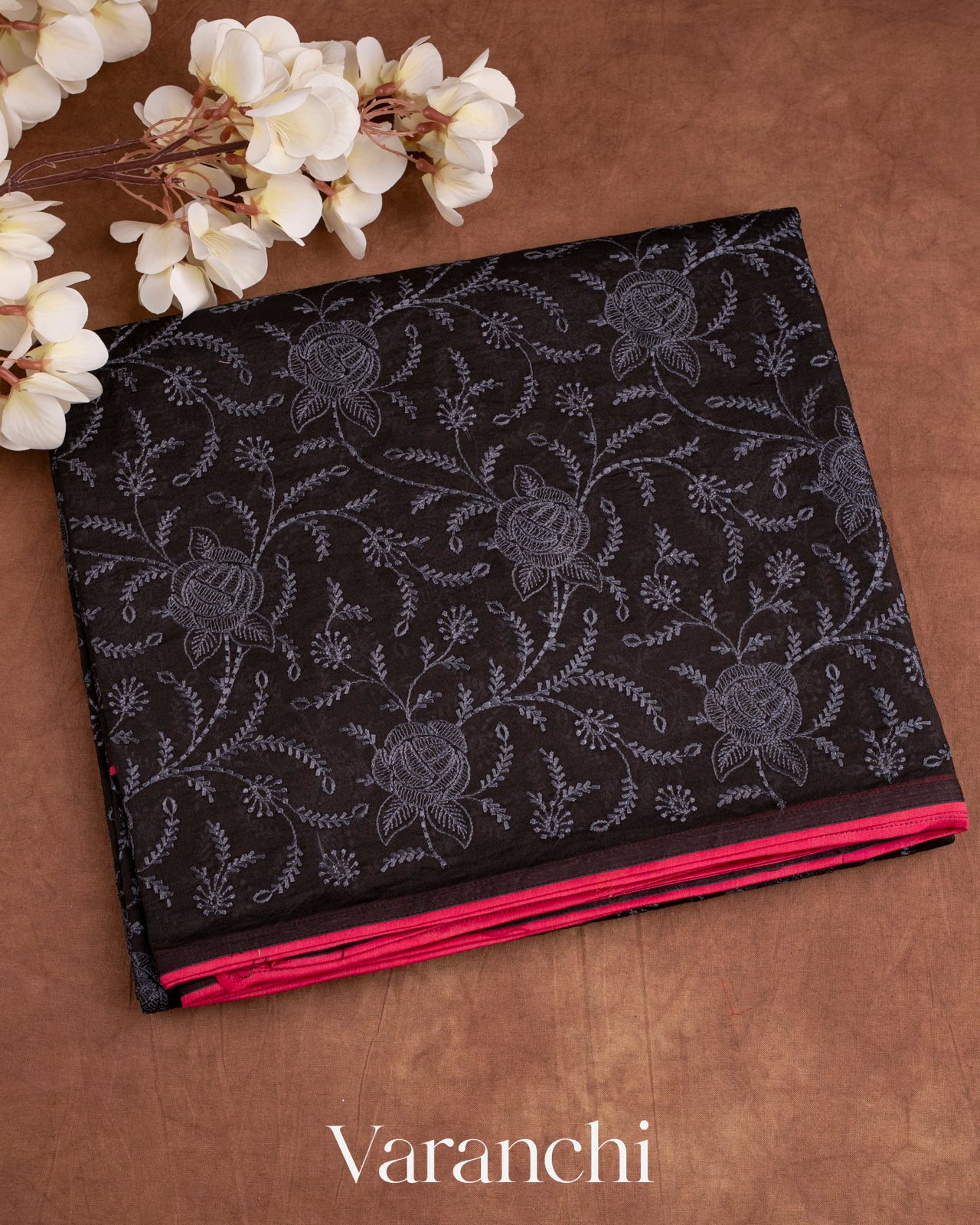 Black All-Over Embroidered Pure Kora Silk Saree
