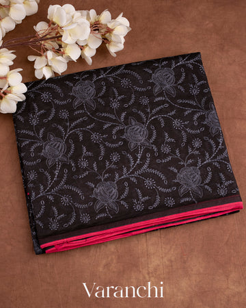 Black All-Over Embroidered Pure Kora Silk Saree