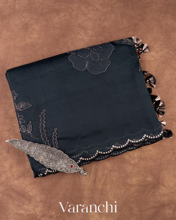 Jet Black Floral Applique Pure Kora Silk Saree