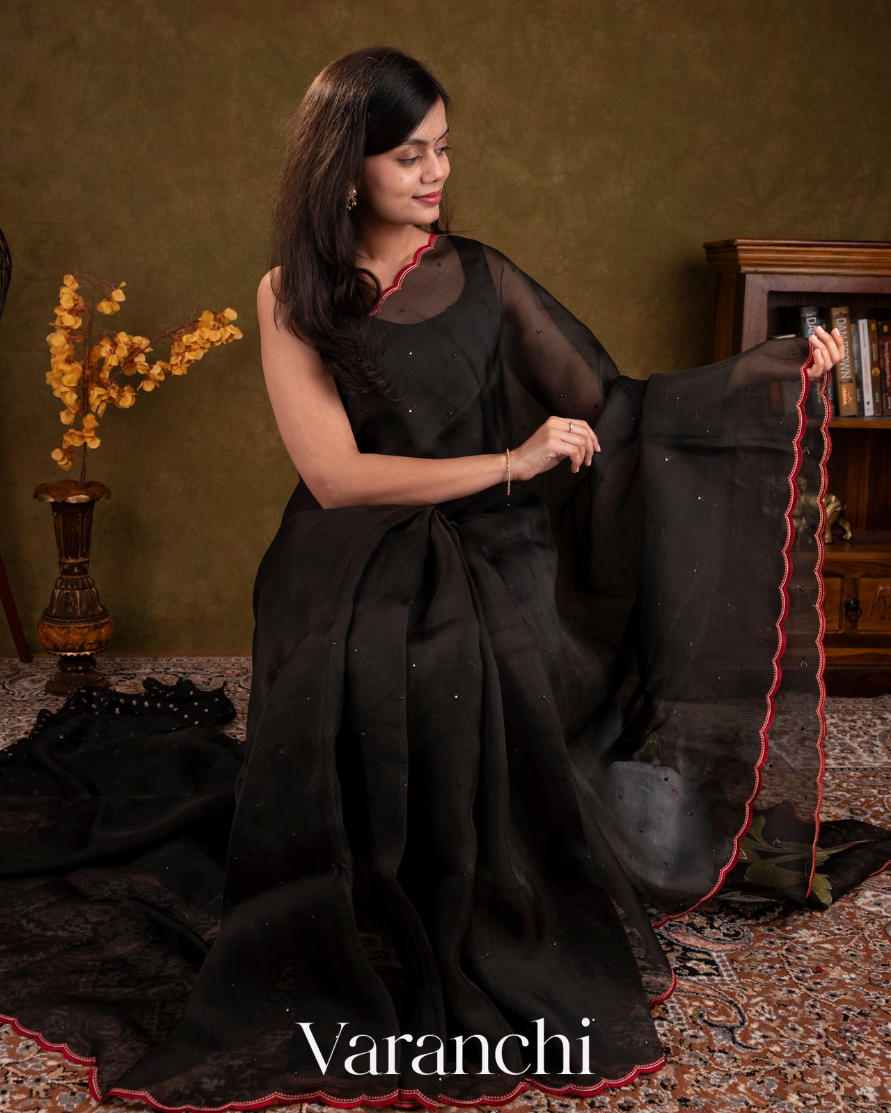 Jet Black Hand-Painted and Embroidered Pure Kora Silk Saree