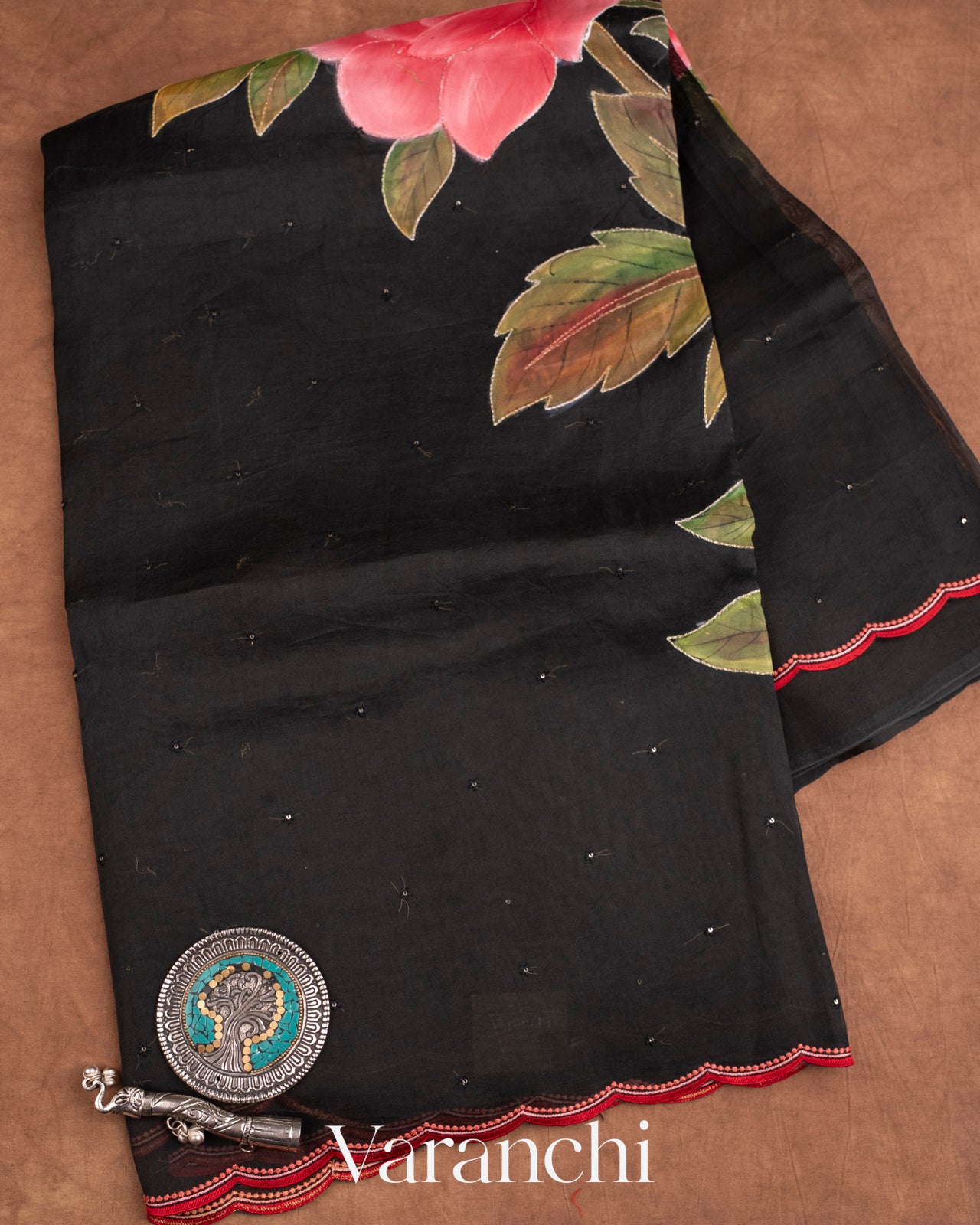 Jet Black Hand-Painted and Embroidered Pure Kora Silk Saree