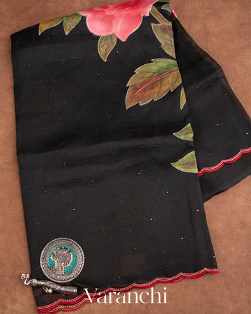 Jet Black Hand-Painted and Embroidered Pure Kora Silk Saree
