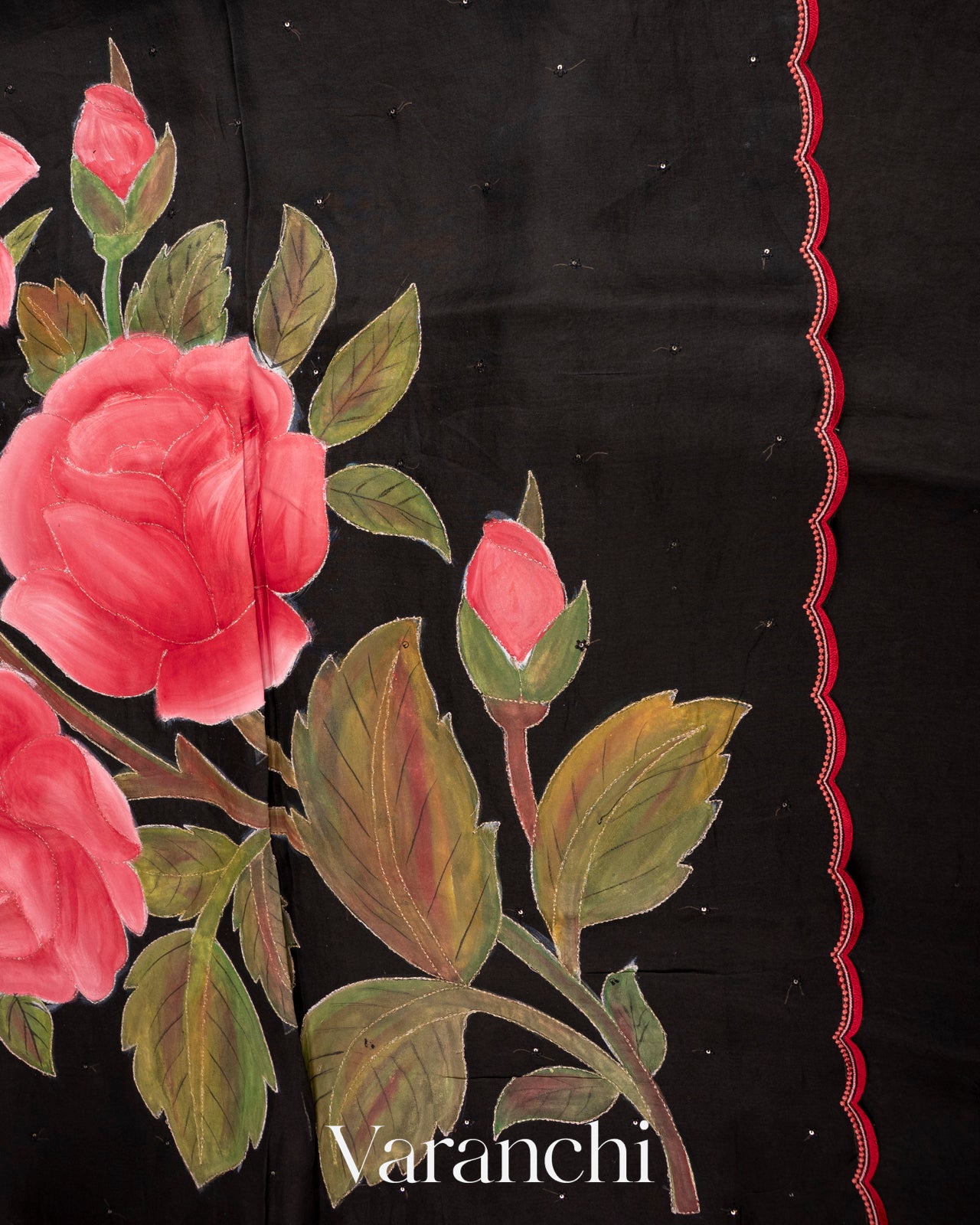 Jet Black Hand-Painted and Embroidered Pure Kora Silk Saree