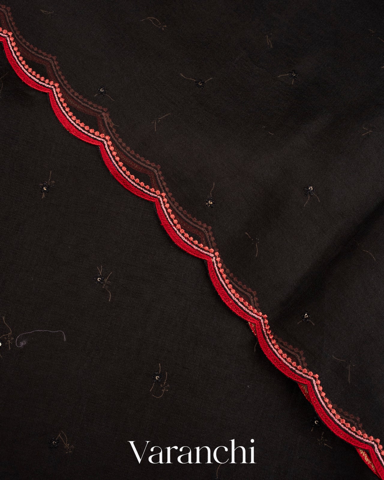Jet Black Hand-Painted and Embroidered Pure Kora Silk Saree