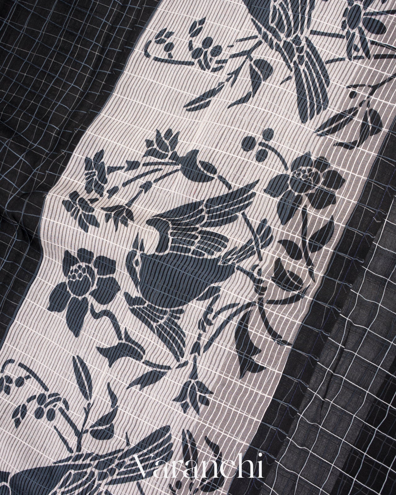 Black Digital Printed Pure Kora Silk Saree