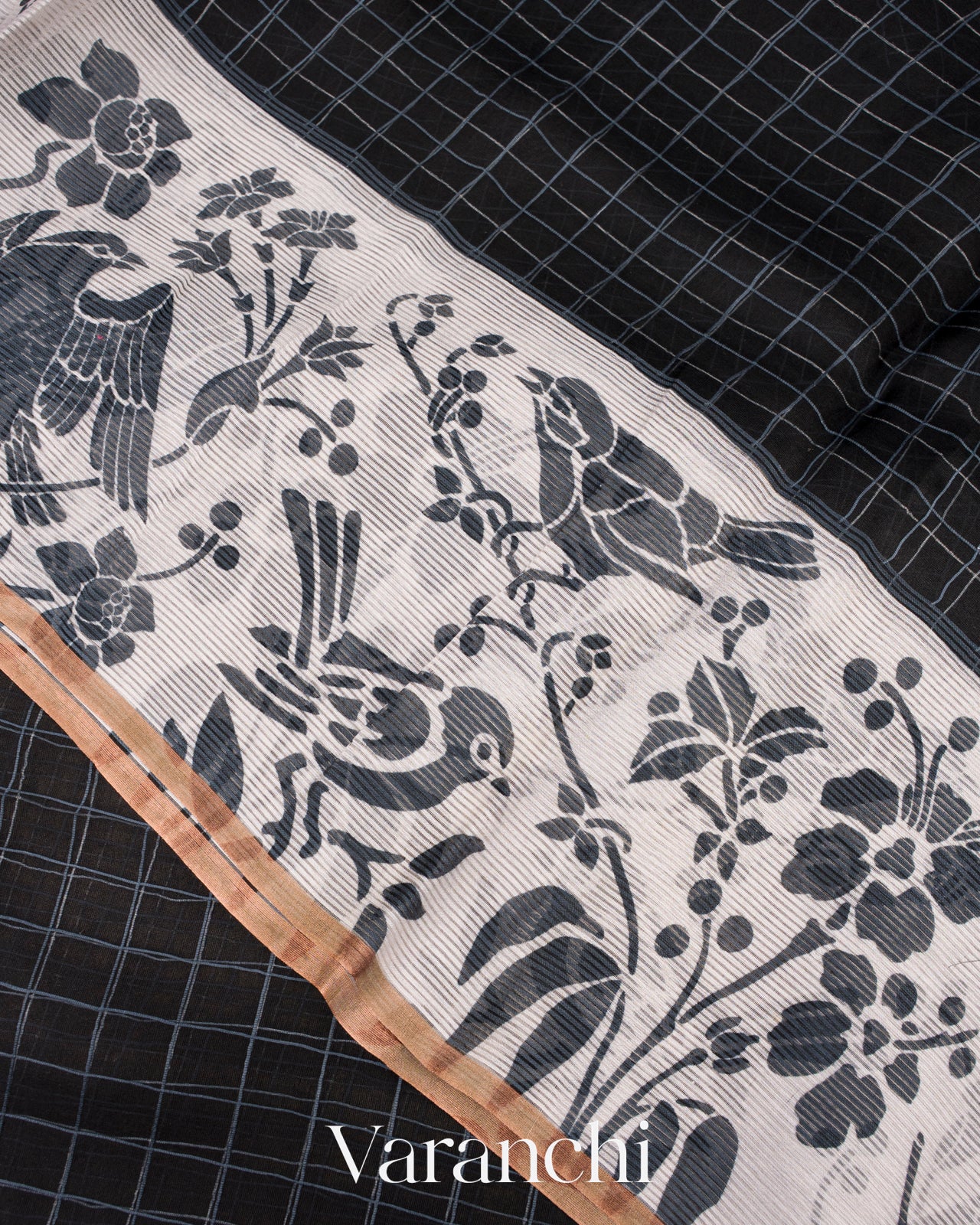 Black Digital Printed Pure Kora Silk Saree