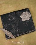 Charcoal Black Floral Applique Pure Kora Silk Saree