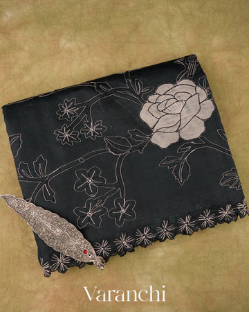 Charcoal Black Floral Applique Pure Kora Silk Saree