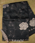 Charcoal Black Floral Applique Pure Kora Silk Saree