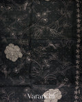 Charcoal Black Floral Applique Pure Kora Silk Saree