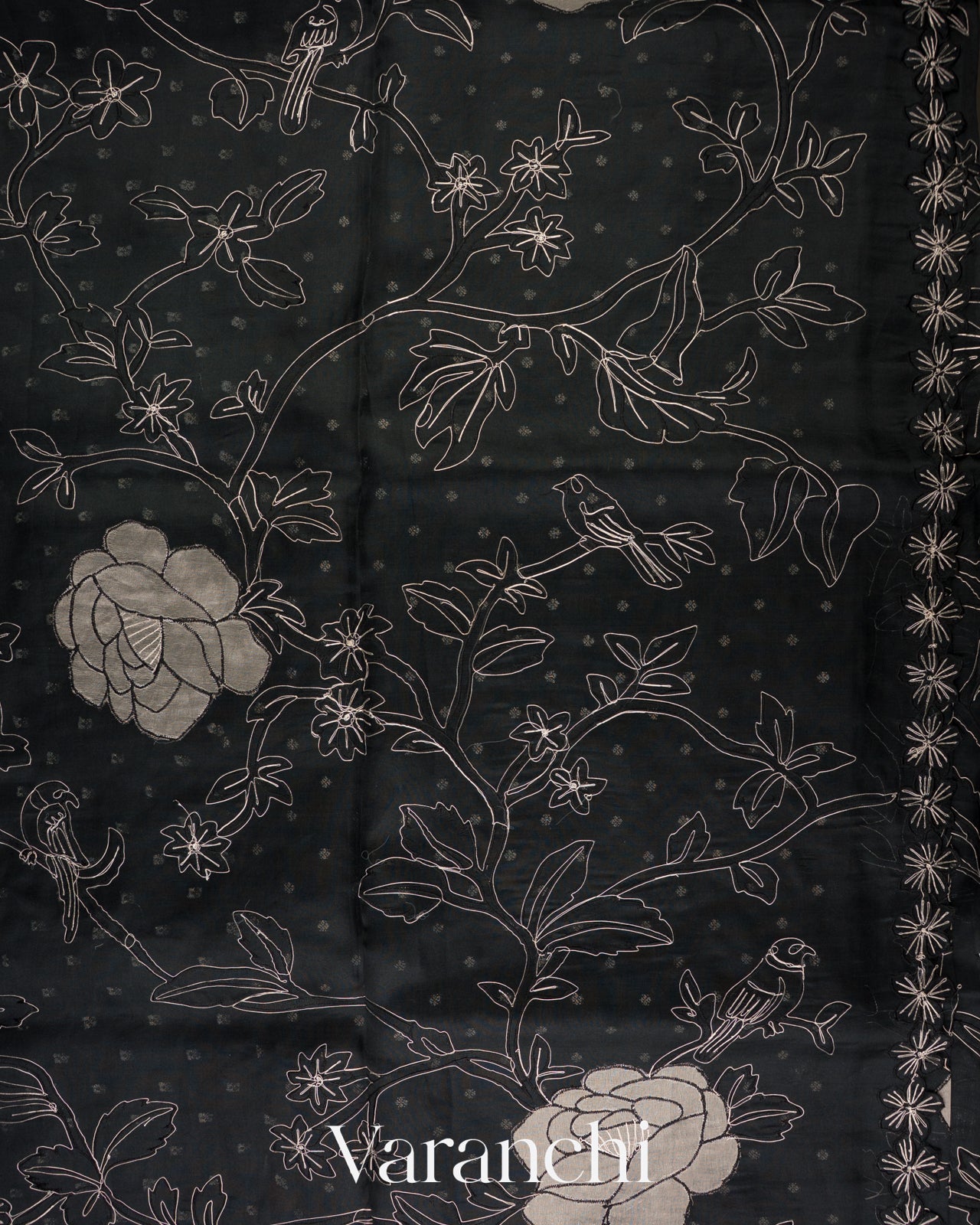 Charcoal Black Floral Applique Pure Kora Silk Saree