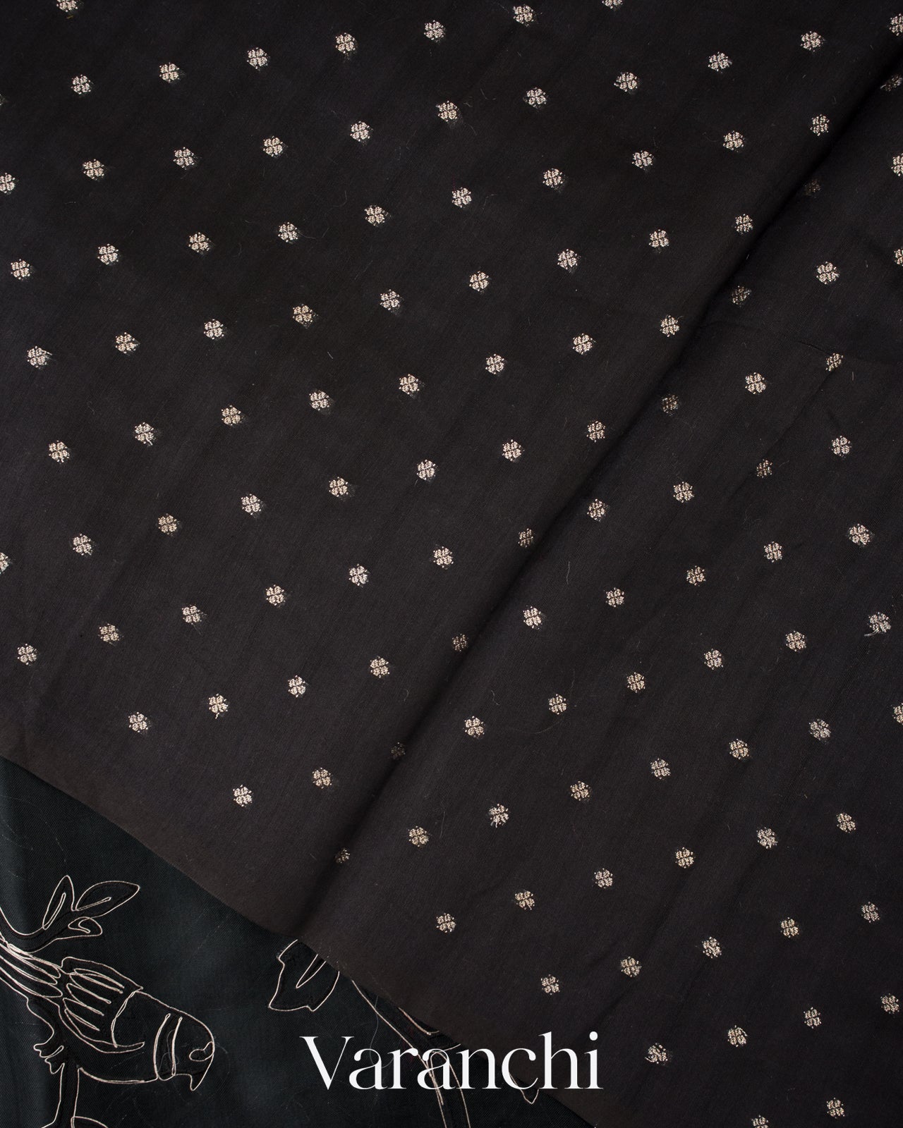 Charcoal Black Floral Applique Pure Kora Silk Saree