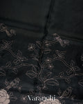 Charcoal Black Floral Applique Pure Kora Silk Saree