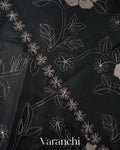 Charcoal Black Floral Applique Pure Kora Silk Saree