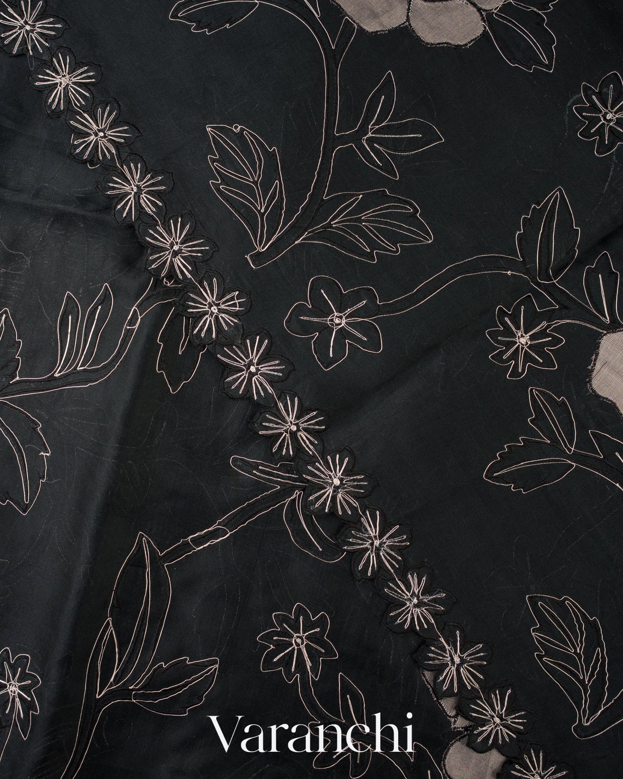 Charcoal Black Floral Applique Pure Kora Silk Saree