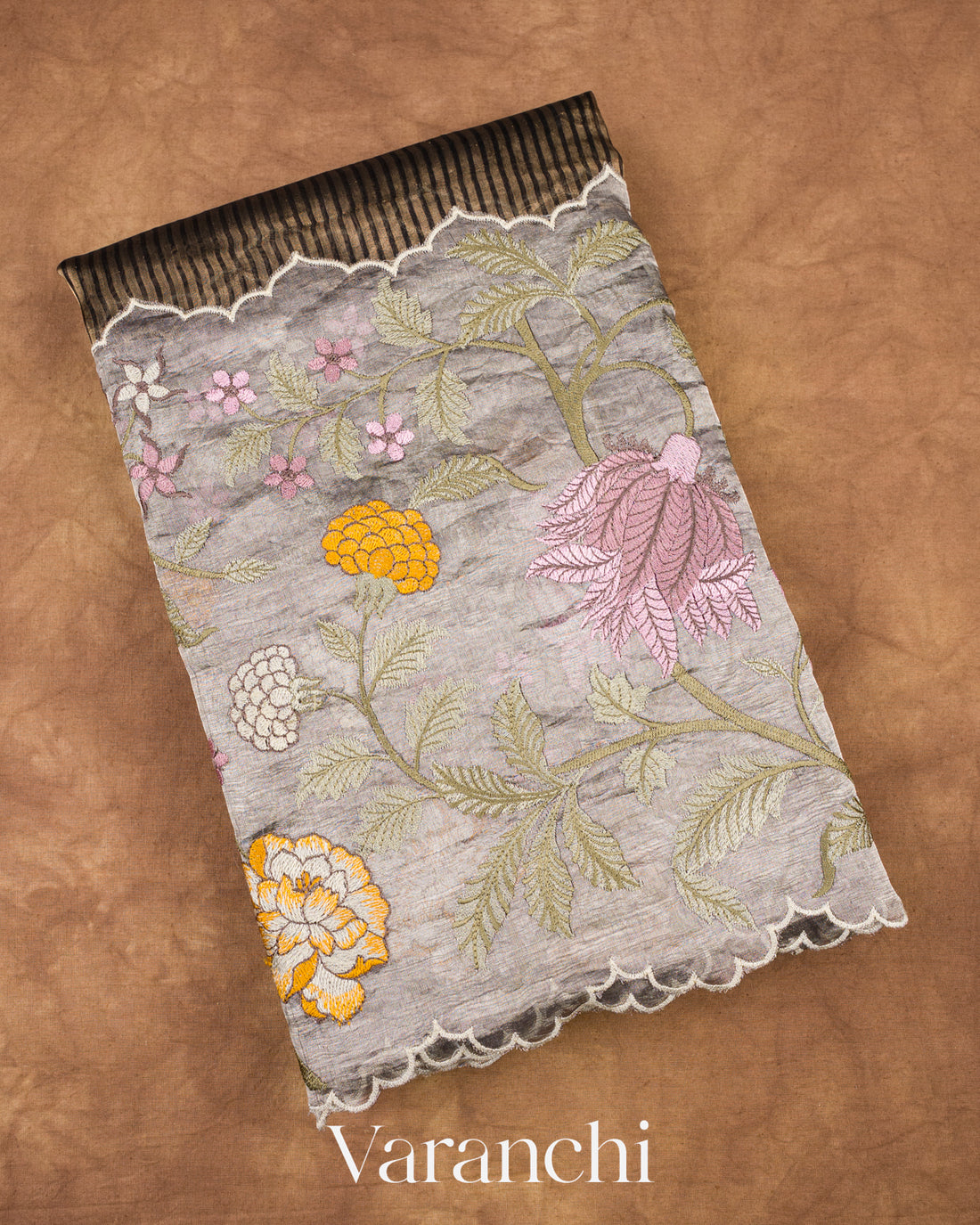 Black Tissue Striped and Embroidered Border Pure Kora Silk Saree