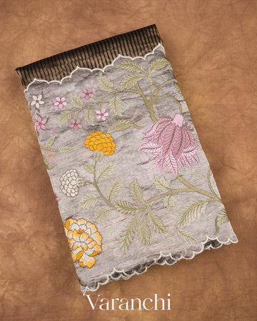 Black Tissue Striped and Embroidered Border Pure Kora Silk Saree