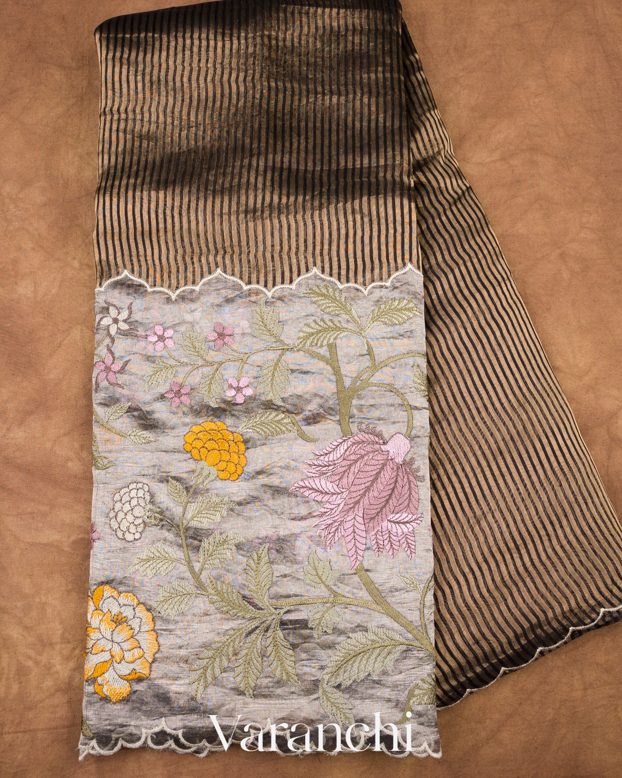 Black Tissue Striped and Embroidered Border Pure Kora Silk Saree