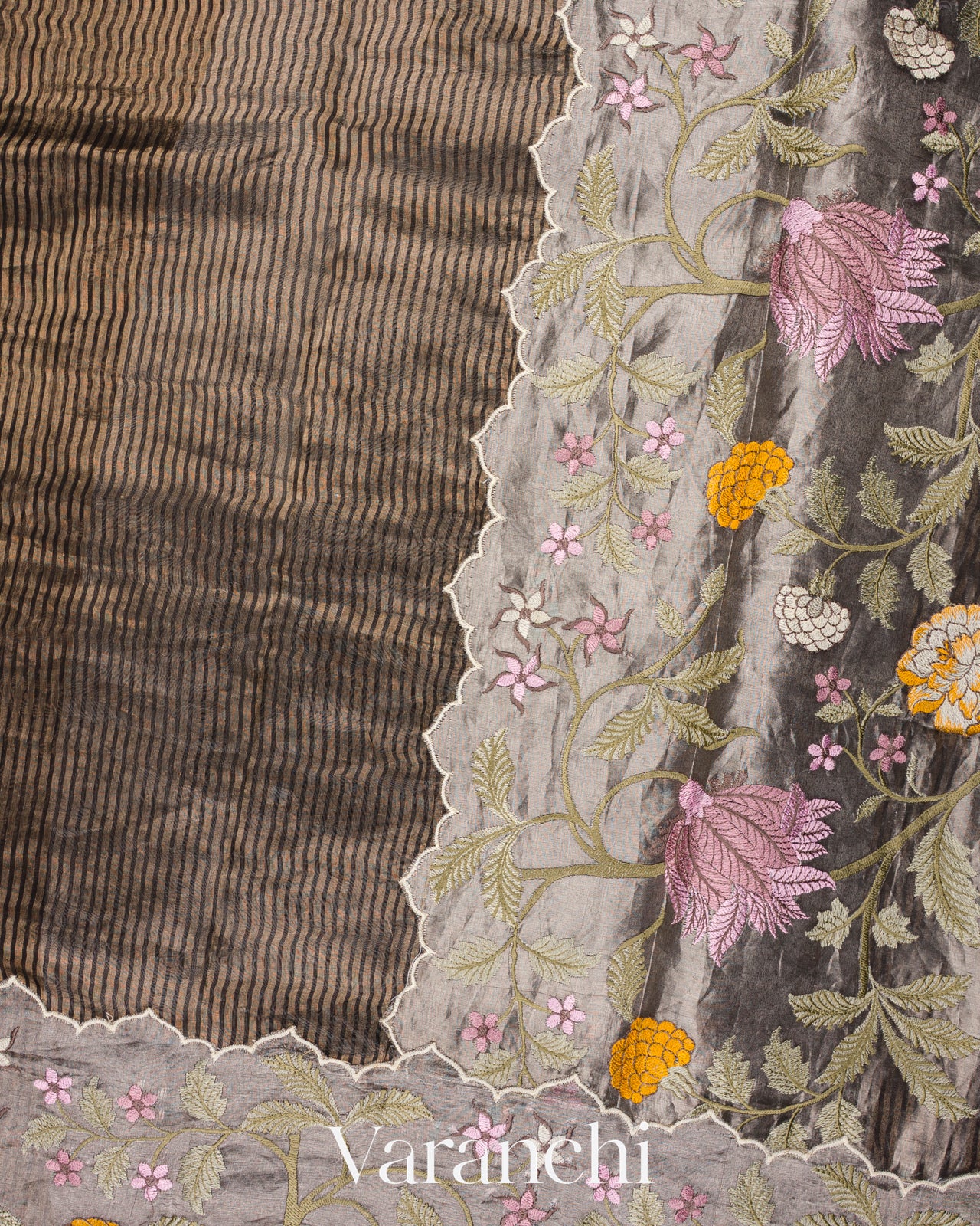 Black Tissue Striped and Embroidered Border Pure Kora Silk Saree