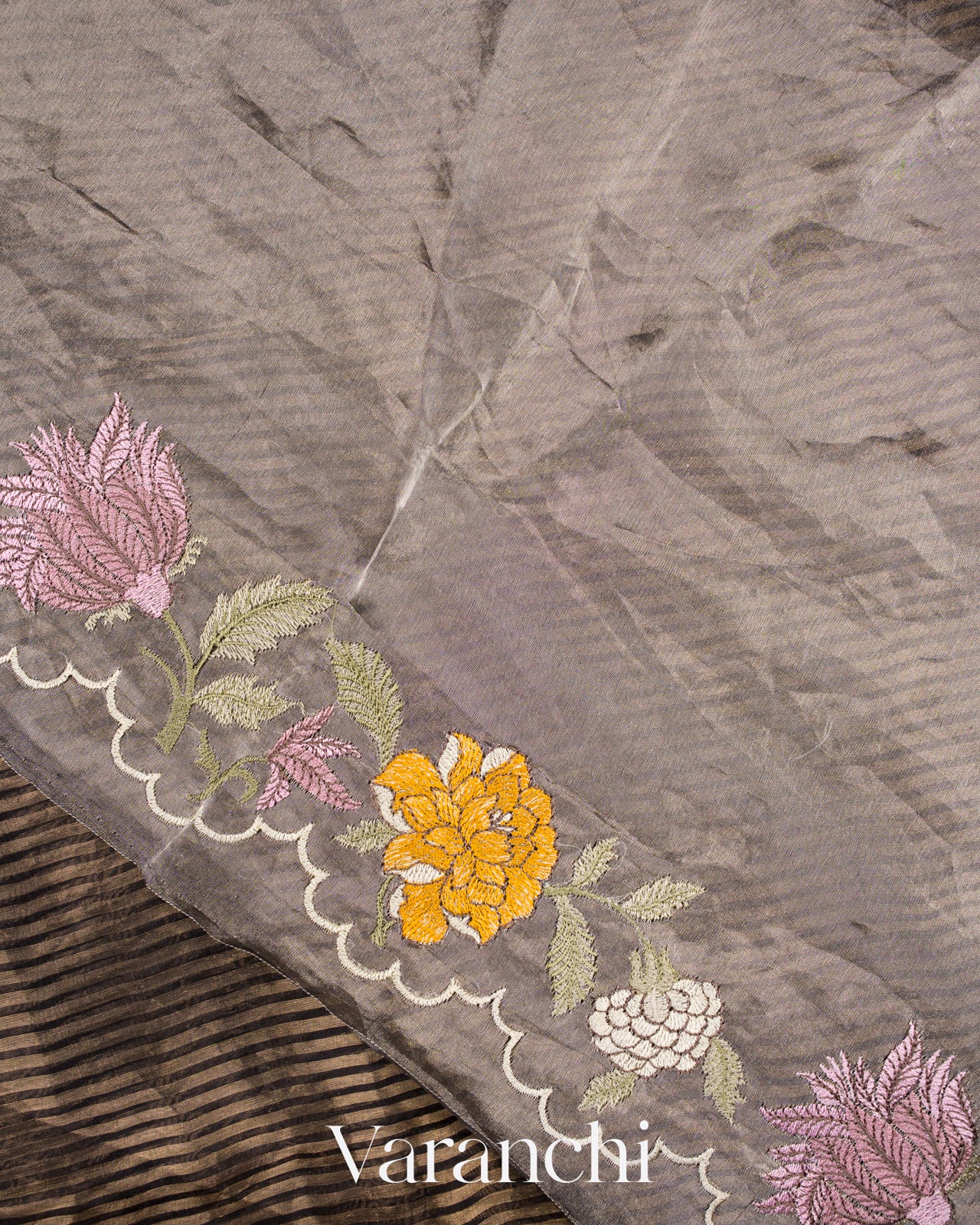 Black Tissue Striped and Embroidered Border Pure Kora Silk Saree