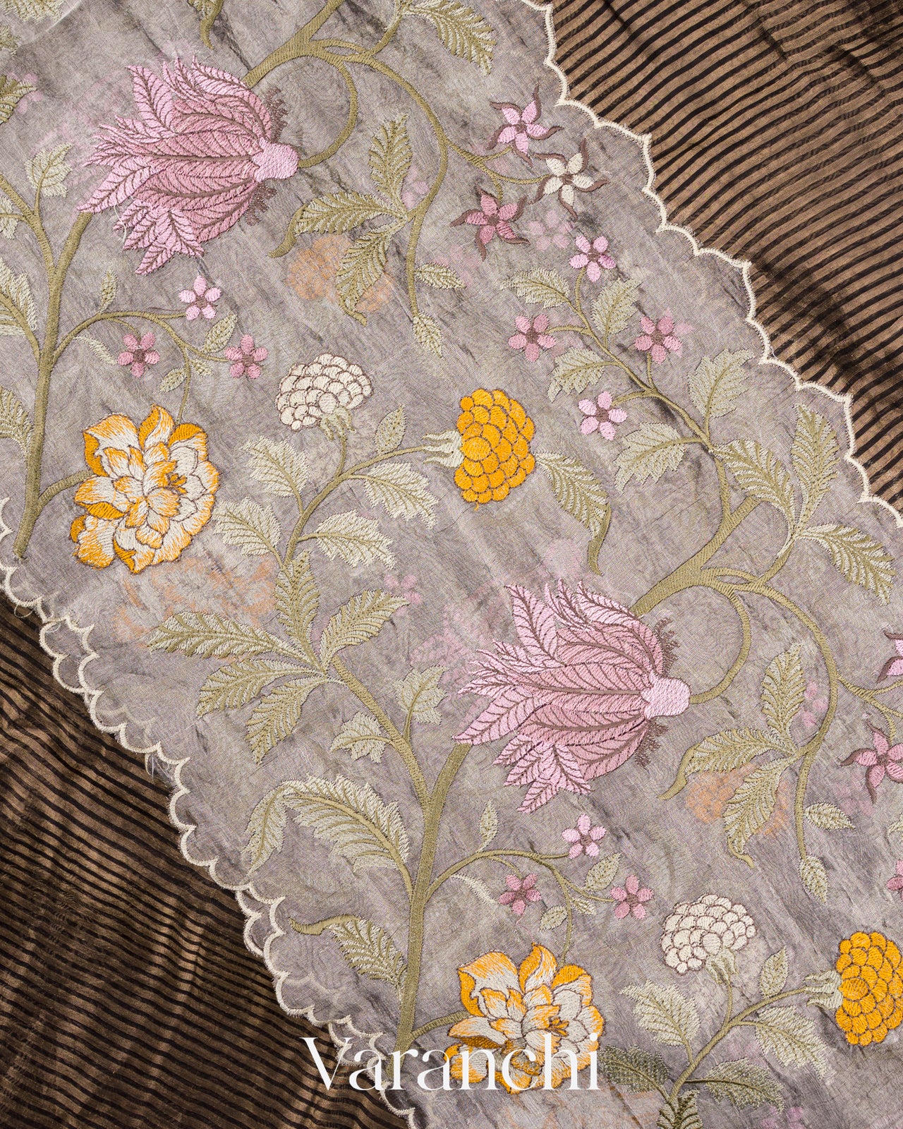 Black Tissue Striped and Embroidered Border Pure Kora Silk Saree