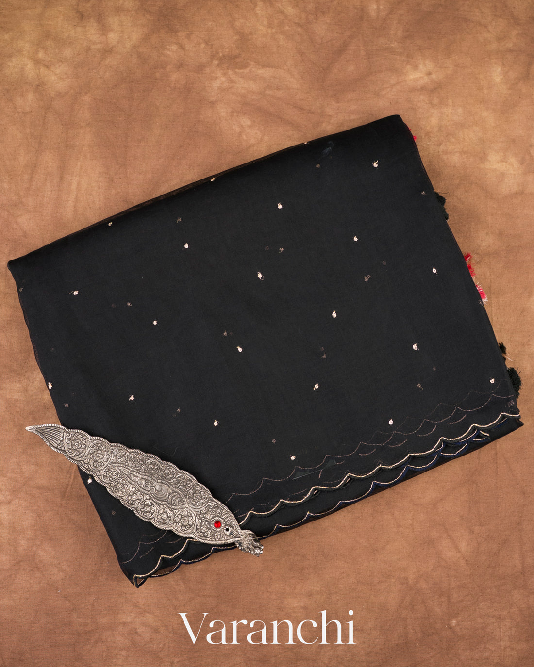 Black Digital Printed and Embroidered Pure Kora Silk Saree