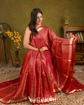 Chilly Red Striped Pure Kora Silk Saree