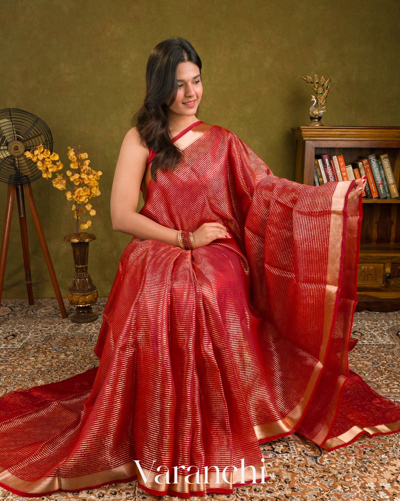 Chilly Red Striped Pure Kora Silk Saree