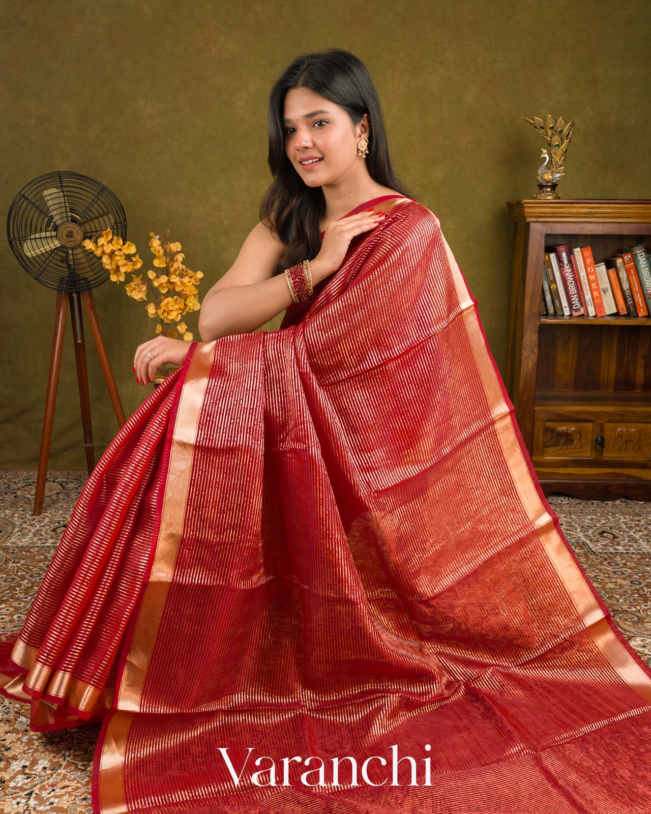 Chilly Red Striped Pure Kora Silk Saree