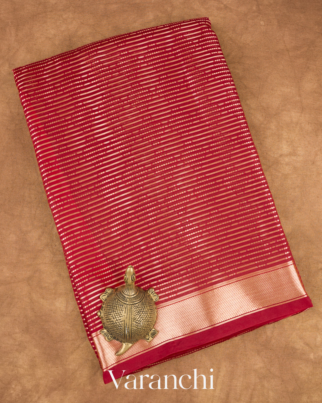 Chilly Red Striped Pure Kora Silk Saree