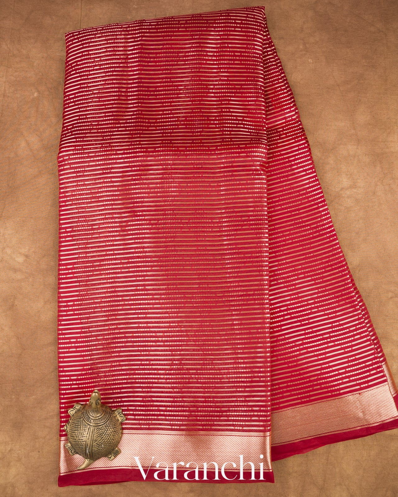 Chilly Red Striped Pure Kora Silk Saree