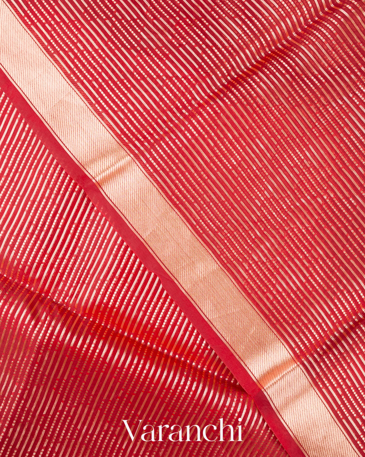 Chilly Red Striped Pure Kora Silk Saree