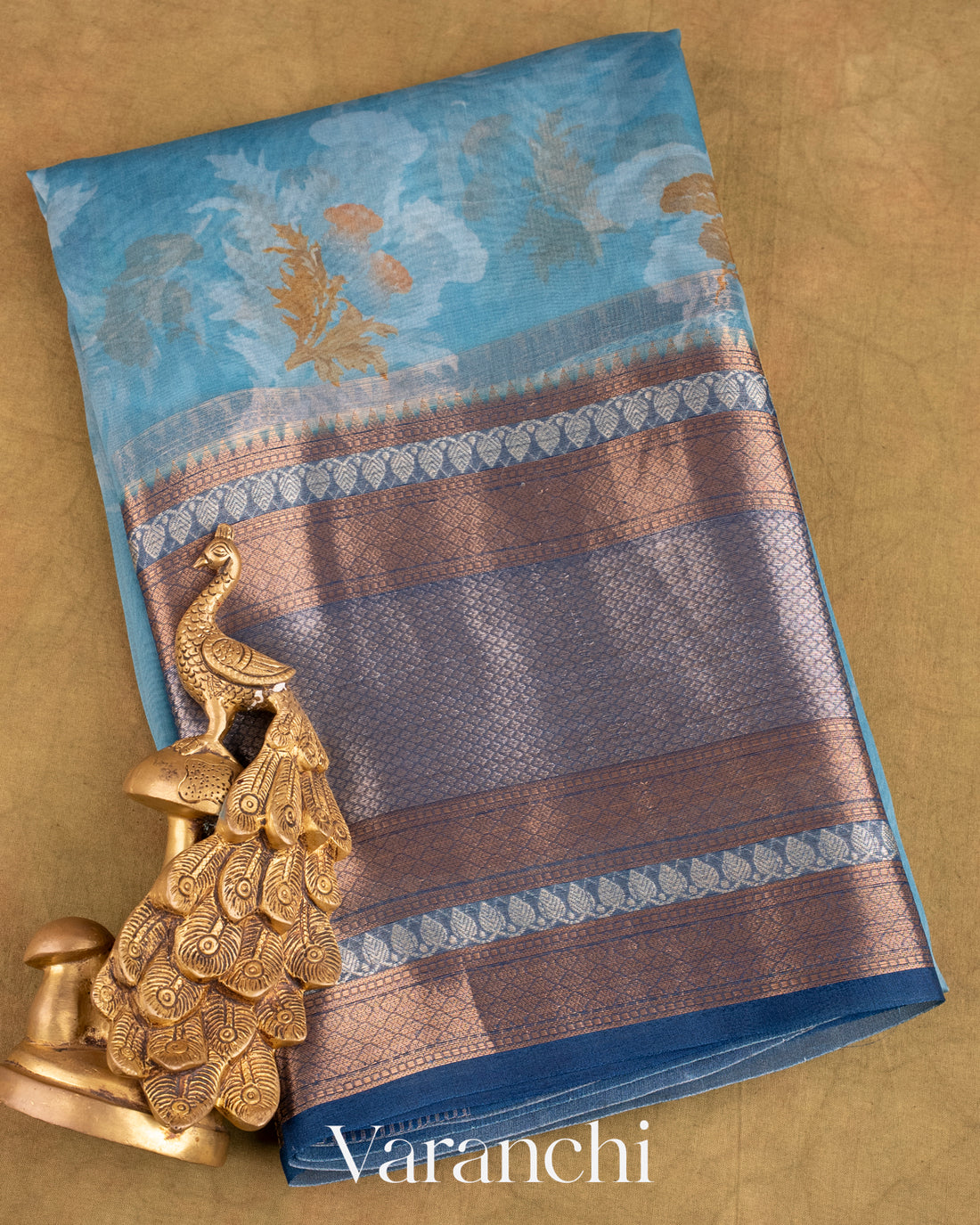 Sky Blue Printed Pure Tissue Kora Silk Saree