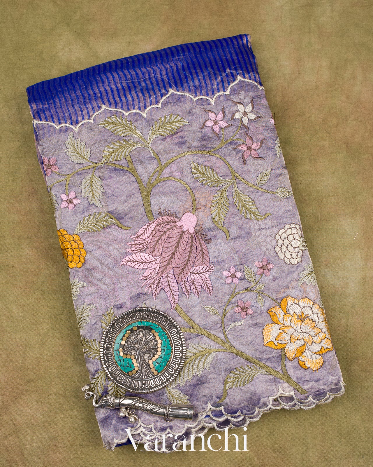 Blue Tissue Striped and Embroidered Border Pure Kora Silk Saree