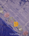 Blue Tissue Striped and Embroidered Border Pure Kora Silk Saree