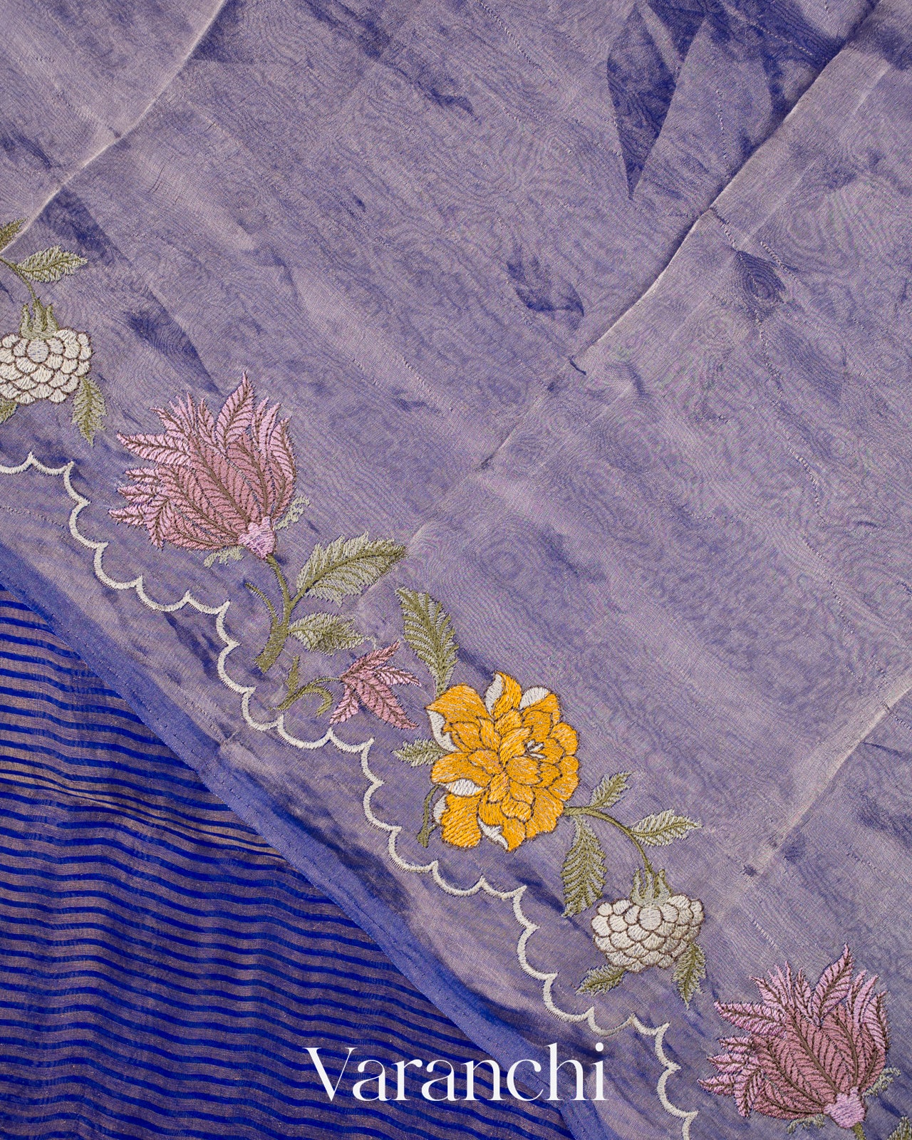 Blue Tissue Striped and Embroidered Border Pure Kora Silk Saree