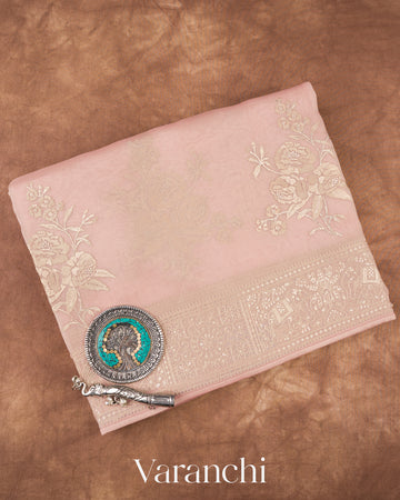 Pastel Pink Floral Applique and Embroidered Pure Kora Silk Saree