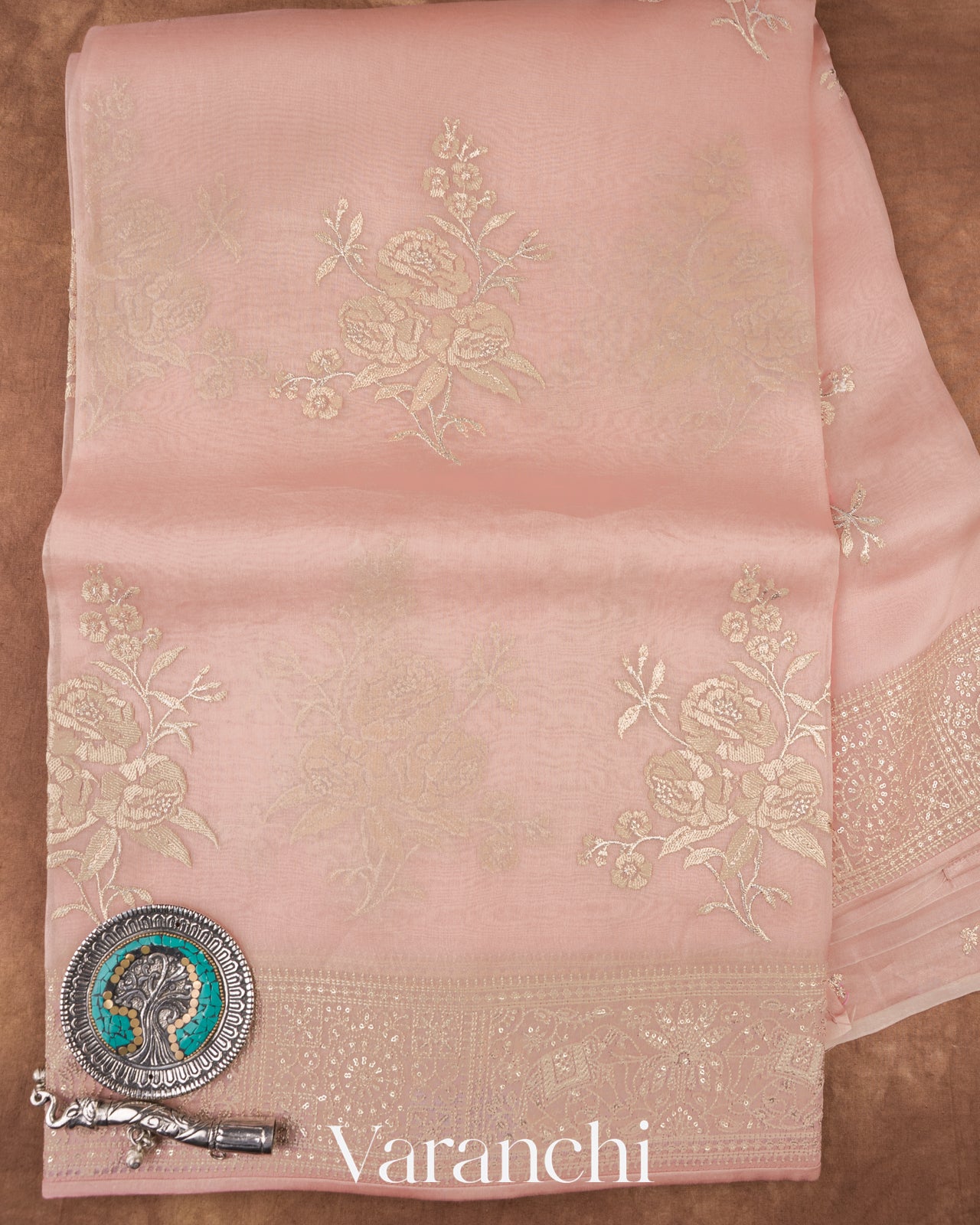 Blush Pink Embroidered Pure Kora Silk Saree