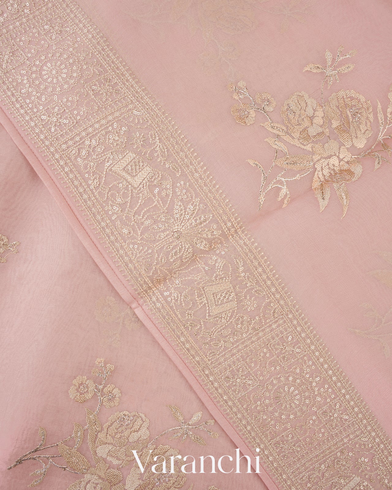 Blush Pink Embroidered Pure Kora Silk Saree