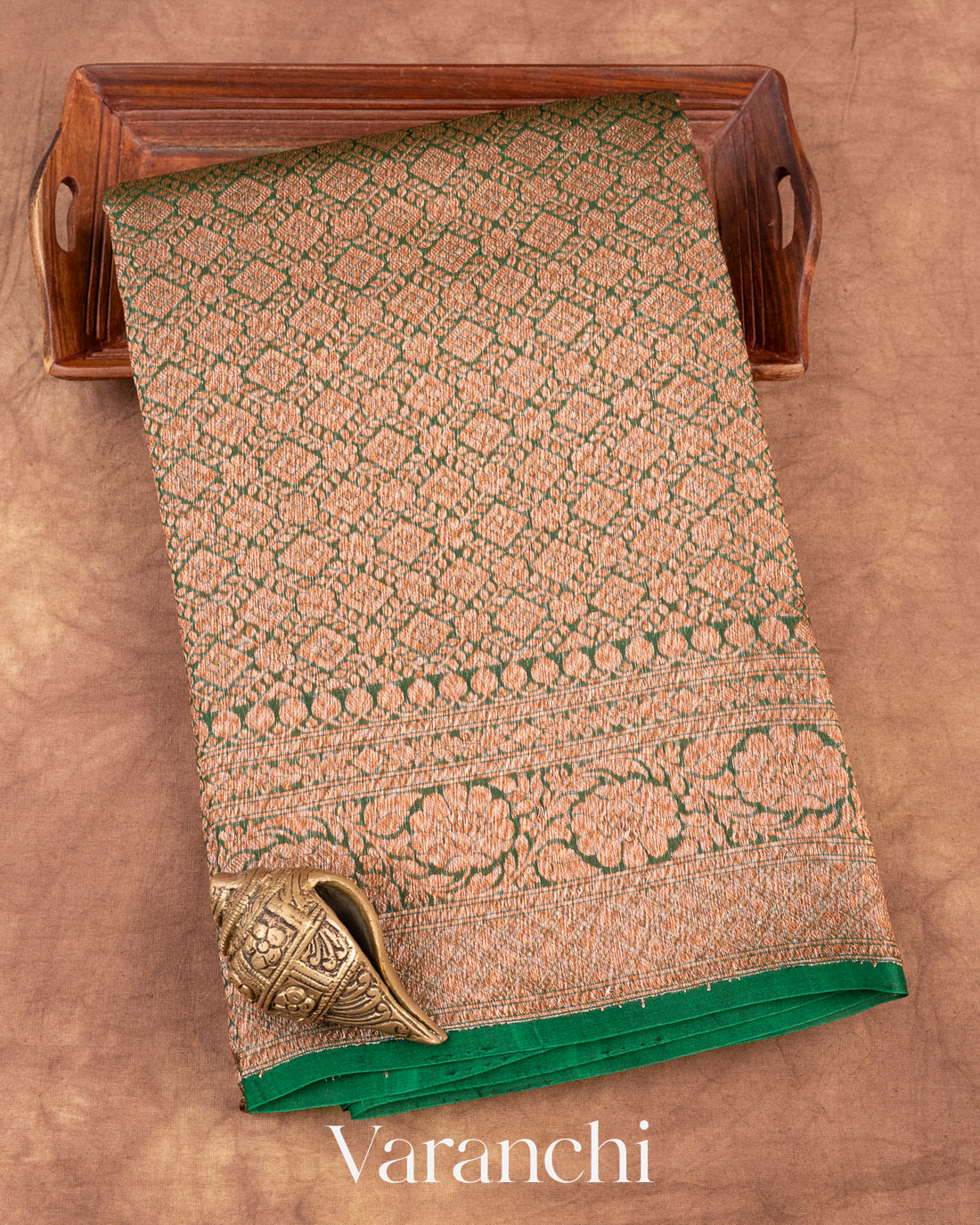 Deep Green Heavy Brocade Pure Kora Silk Handloom Saree