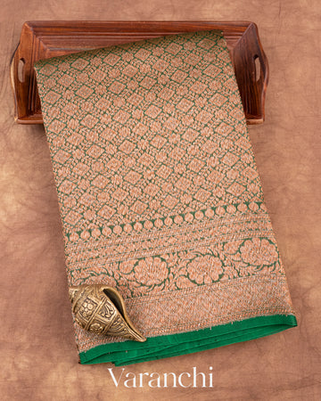 Deep Green Heavy Brocade Pure Kora Silk Handloom Saree