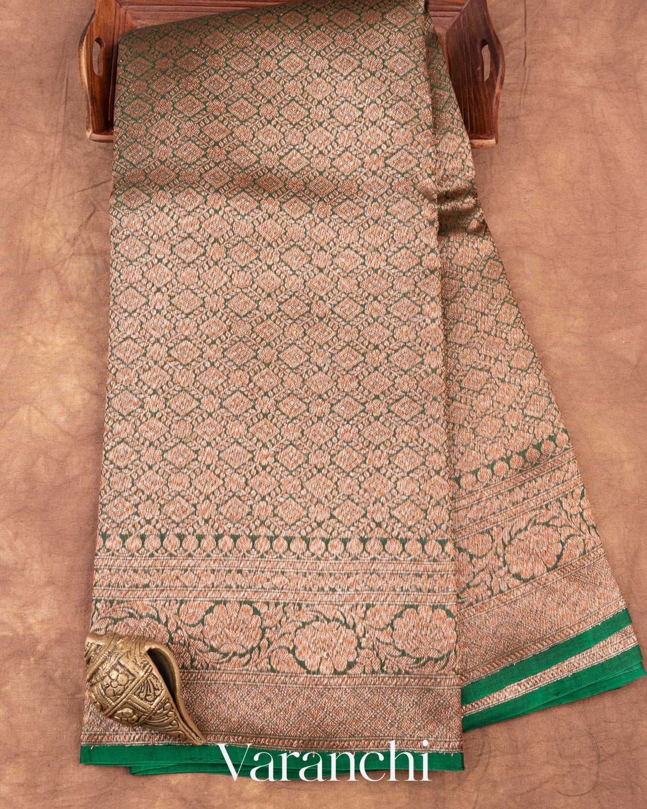 Deep Green Heavy Brocade Pure Kora Silk Handloom Saree