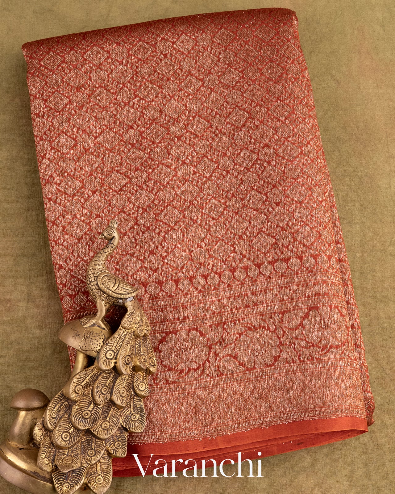 Rust Orange Heavy Brocade Pure Kora Silk Handloom Saree