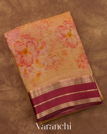 Peach Orange Floral Printed Pure Kora Silk Saree