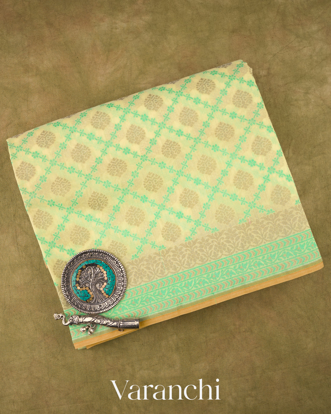 Butter Yellow Checkered Jamdani Pure Kora Silk Cotton Saree